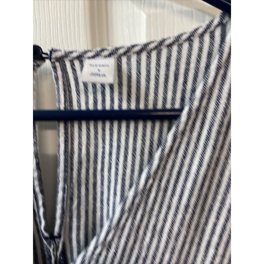 Old Navy Linen Jumper Womens Small Blue White Striped Faux Wrap Wide Leg - Picture 4 of 10